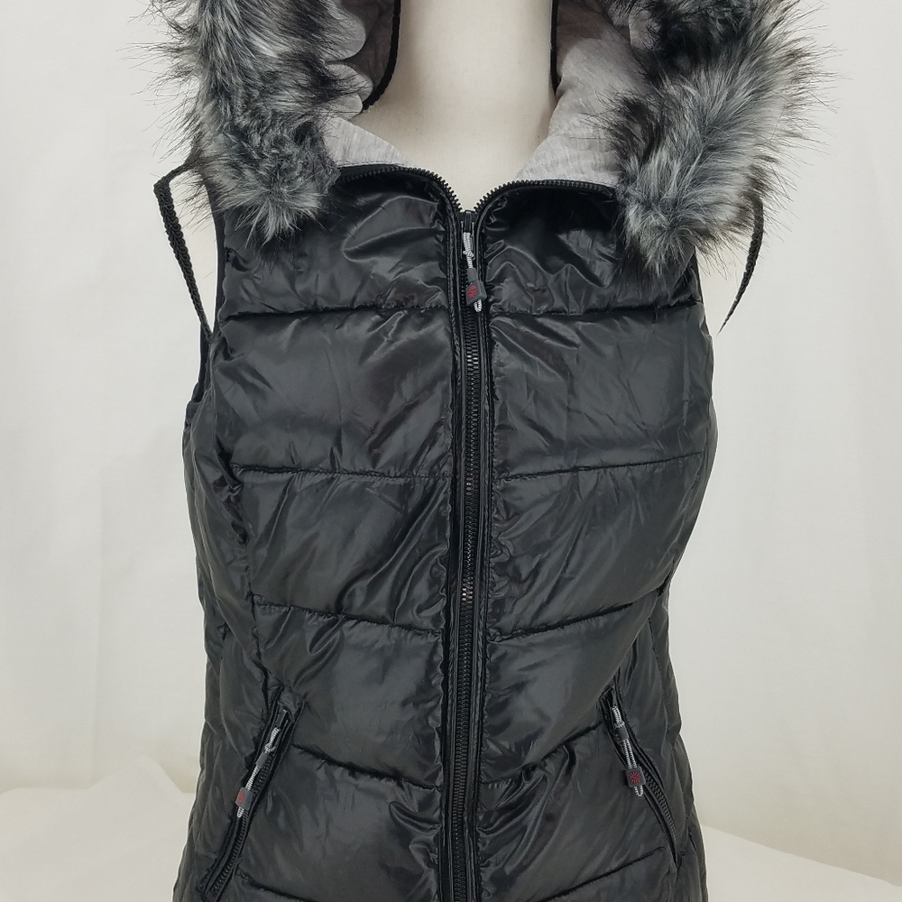 Tangerine Puffer Vest Jacket Zip Black Hooded Sz SM